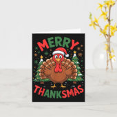 Merry Thanksmas Turkey Santa Hat Christmas Tree Fa カード (黄色い花)