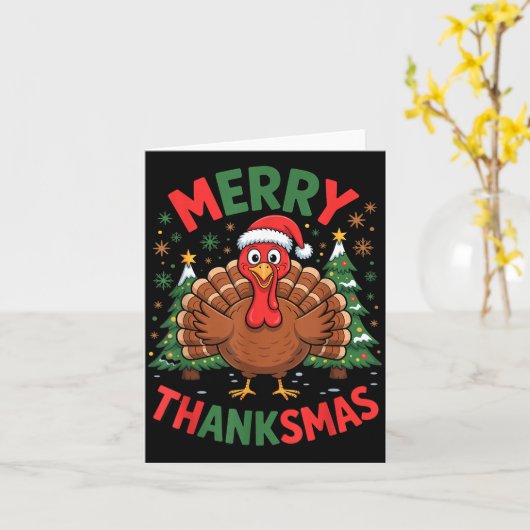 Merry Thanksmas Turkey Santa Hat Christmas Tree Fa カード (黄色い花)