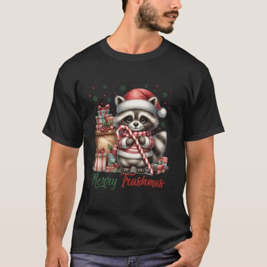 Merry Trashmas Cute Santa Raccoon Lover Candy Cane Tシャツ (正面)