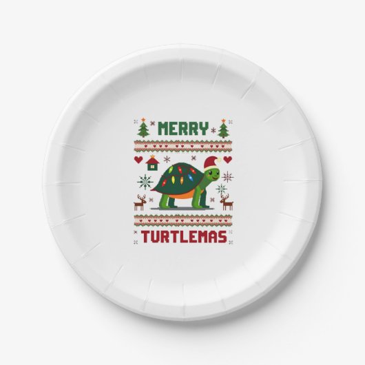 Merry Turtlemas Christmas Lights Cute Turtle Santa ペーパープレート (正面)