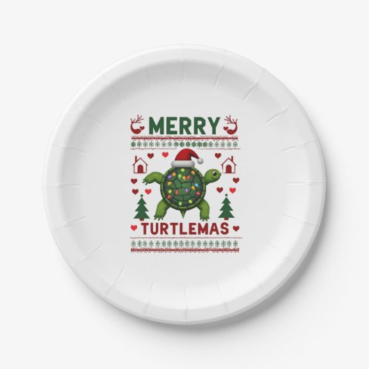 Merry Turtlemas Christmas Lights Cute Turtle Santa ペーパープレート (正面)