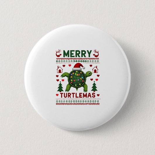 Merry Turtlemas Christmas Lights Cute Turtle Santa 缶バッジ (正面)