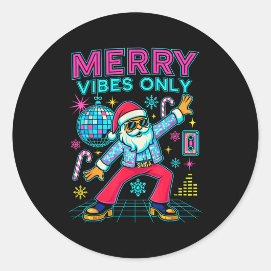 Merry Vibes Only Santa Christmas Disco Retro 70s 8 ラウンドシール (正面)