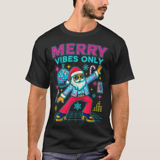Merry Vibes Only Santa Christmas Disco Retro 70s 8 Tシャツ (正面)