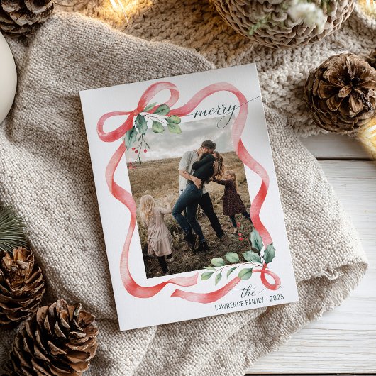 Merry Watercolor Bow Frame One Photo Christmas シーズンカード