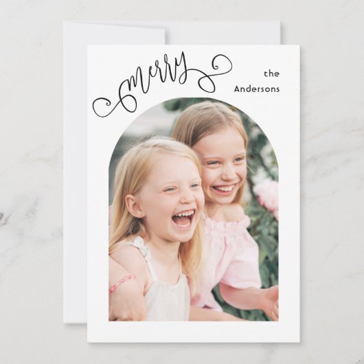 Merry Whimsical Script Simple Arch Photo Christmas シーズンカード (正面)