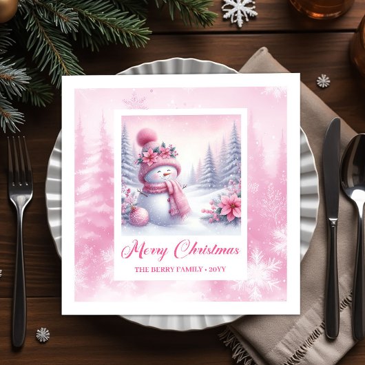 Merry Winter Scene Pink Snowman Christmas Napkins  スタンダードカクテルナプキン
