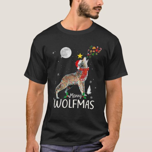 Merry Wolfmas Christmas Funny Wolf Santa Hat Wolve Tシャツ (正面)