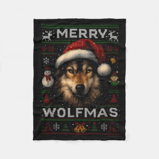 Merry Wolfmas Merry Christmas Wolf Ugly Sweater Fu フリースブランケット (正面)