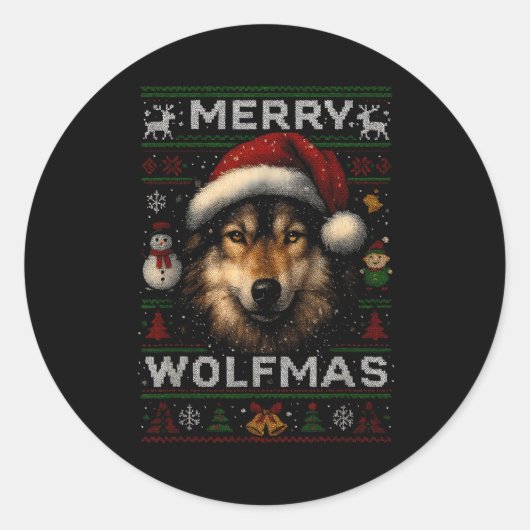 Merry Wolfmas Merry Christmas Wolf Ugly Sweater Fu ラウンドシール (正面)