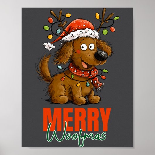 Merry Woofmas Dog Cute Christmas Lights Puppy Long ポスター (正面)