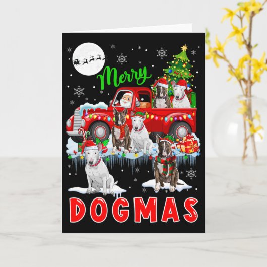Merry Xmas Dog Santa Carrying Bull Terriers On Pic カード (黄色い花)