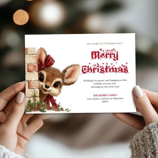 Merry Xmas peeking funny reindeer holiday card シーズンカード