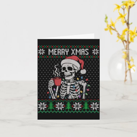 Merry Xmas Skeleton Ugly Sweater, Skull Wearing Sa カード (黄色い花)