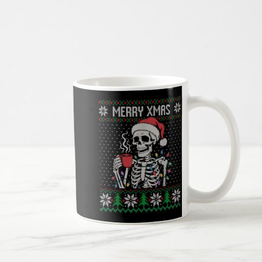 Merry Xmas Skeleton Ugly Sweater, Skull Wearing Sa コーヒーマグカップ (右)