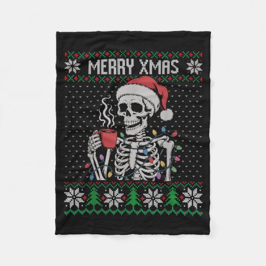 Merry Xmas Skeleton Ugly Sweater, Skull Wearing Sa フリースブランケット (正面)