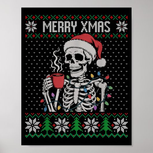 Merry Xmas Skeleton Ugly Sweater, Skull Wearing Sa ポスター (正面)