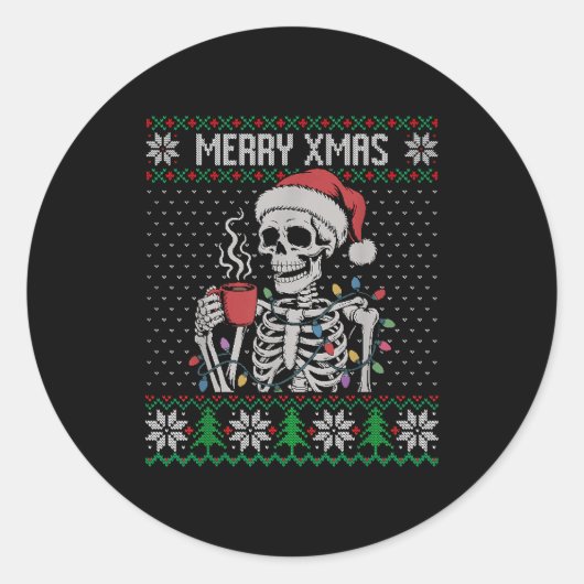 Merry Xmas Skeleton Ugly Sweater, Skull Wearing Sa ラウンドシール (正面)