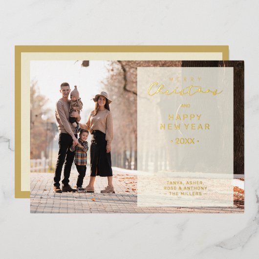 Merry Xmas Typography Transparency Overlay Photo 箔シーズンカード (正面/裏面)