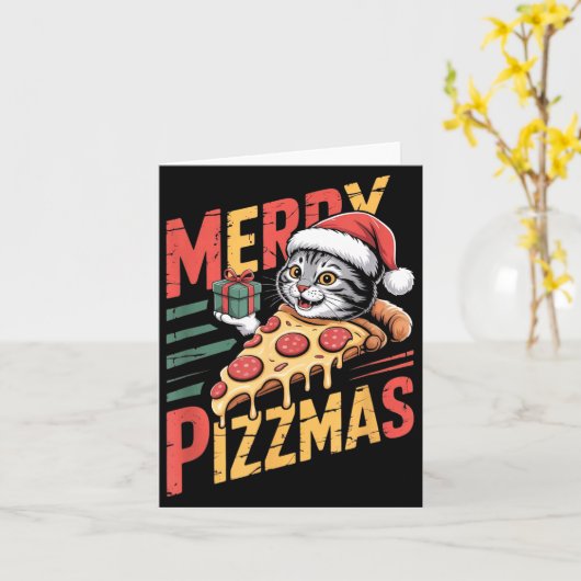 Merry Zzmas Christmas Cat Funny Zza Lover Xmas Cat カード (黄色い花)
