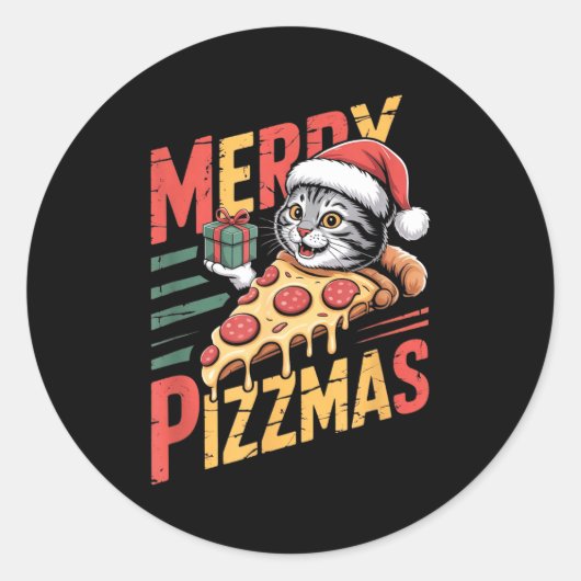 Merry Zzmas Christmas Cat Funny Zza Lover Xmas Cat ラウンドシール (正面)