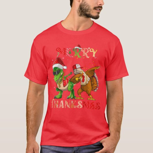 Merryhanksmas Dinosaururkey Rapper Dabbing family Tシャツ (正面)