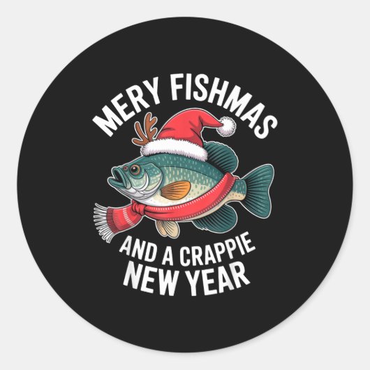 Mery Fishmas And A Crape New Year Funny Fishing Ch ラウンドシール (正面)