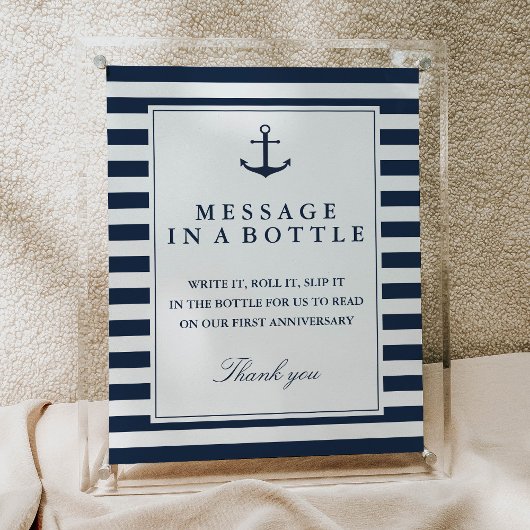 Message In A Bottle Sign Nautical Navy Stripes ポスター