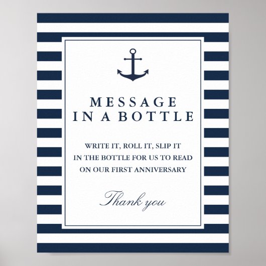 Message In A Bottle Sign Nautical Navy Stripes ポスター (正面)
