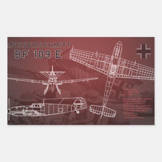Messerschmitt Bf 109ブループリント 長方形シール (正面)