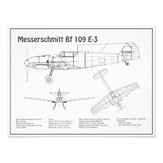 Messerschmitt Bf 109 – 飛行機ブループリントBD フォトプリント (正面)