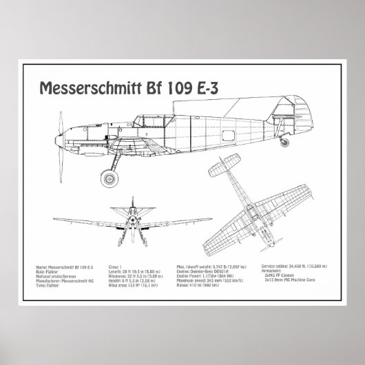 Messerschmitt Bf 109 – 飛行機ブループリントBD ポスター (正面)