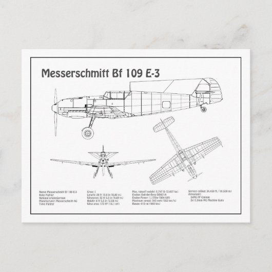 Messerschmitt Bf 109 – 飛行機ブループリントBD ポストカード (正面)
