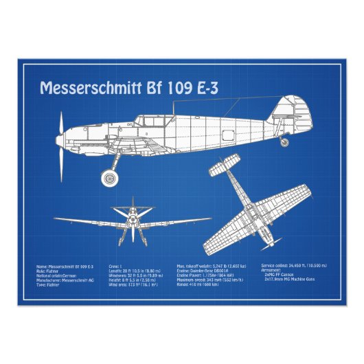 Messerschmitt Bf 109 – 飛行機設計図ABD フォトプリント (正面)