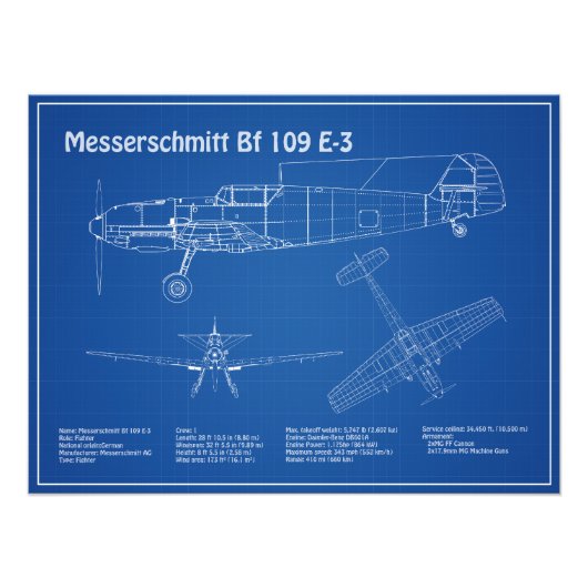 Messerschmitt Bf 109 – 飛行機設計図AD フォトプリント (正面)