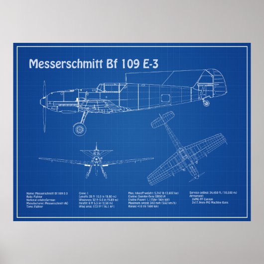 Messerschmitt Bf 109 – 飛行機設計図AD ポスター (正面)