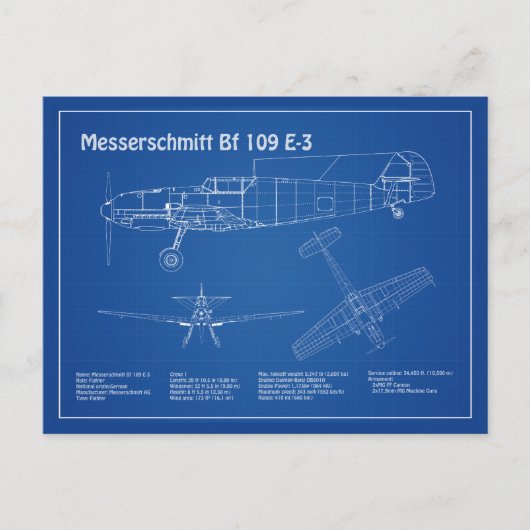 Messerschmitt Bf 109 – 飛行機設計図AD ポストカード (正面)