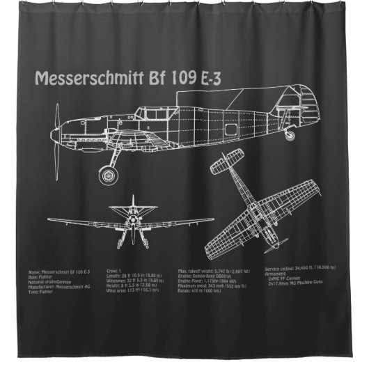 Messerschmitt Bf 109 – 飛行機設計図PD シャワーカーテン (正面)