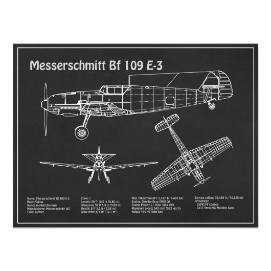 Messerschmitt Bf 109 – 飛行機設計図PD フォトプリント (正面)