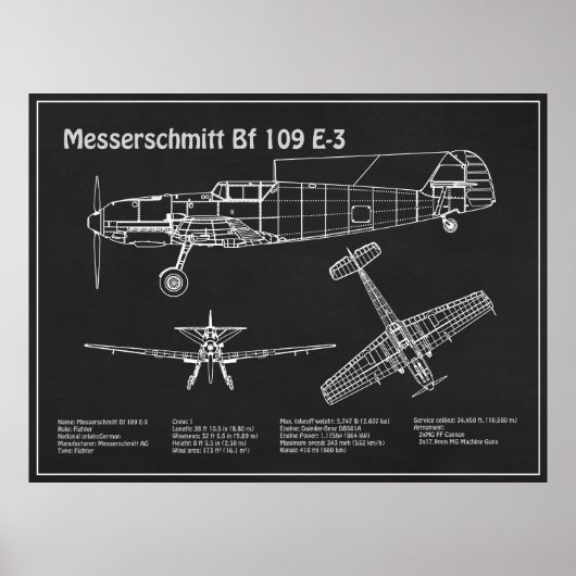 Messerschmitt Bf 109 – 飛行機設計図PD ポスター (正面)