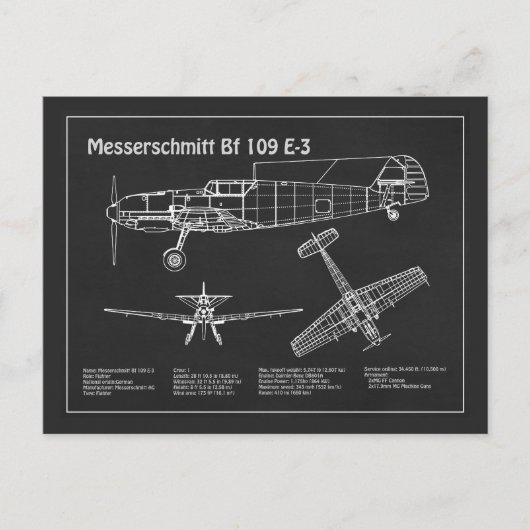 Messerschmitt Bf 109 – 飛行機設計図PD ポストカード (正面)