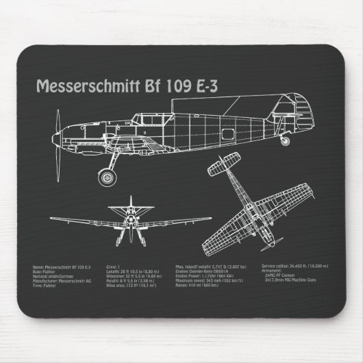 Messerschmitt Bf 109 – 飛行機設計図PD マウスパッド (正面)