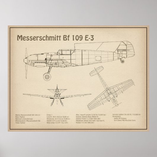 Messerschmitt Bf 109 – 飛行機設計図SD ポスター (正面)