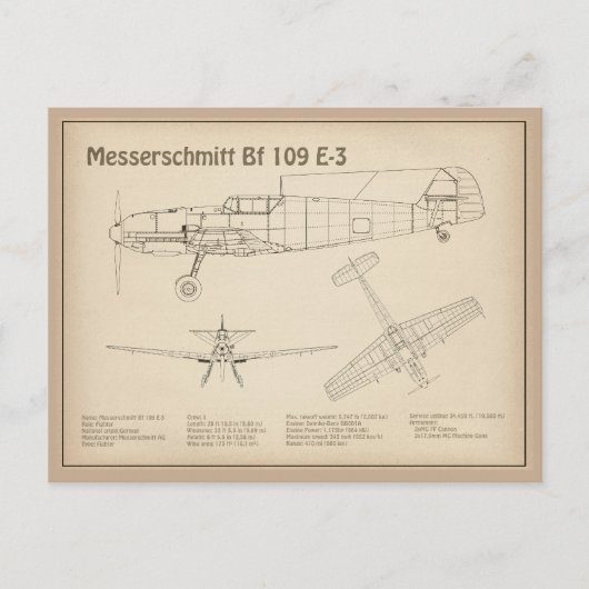 Messerschmitt Bf 109 – 飛行機設計図SD ポストカード (正面)
