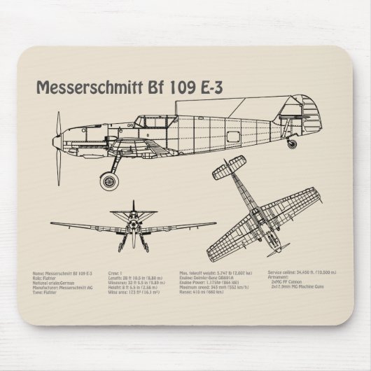 Messerschmitt Bf 109 – 飛行機設計図SD マウスパッド (正面)