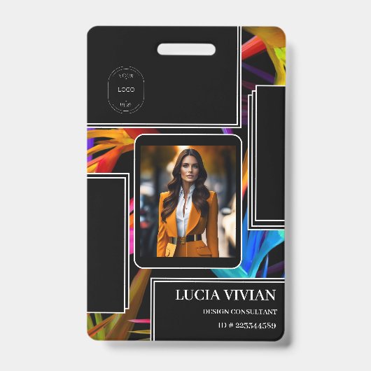 Messy カラフル Black Tropical Photo従業員名 バッジ (正面)