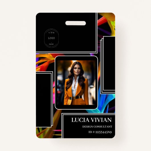 Messy カラフル Black Tropical Photo従業員名 バッジ (正面)