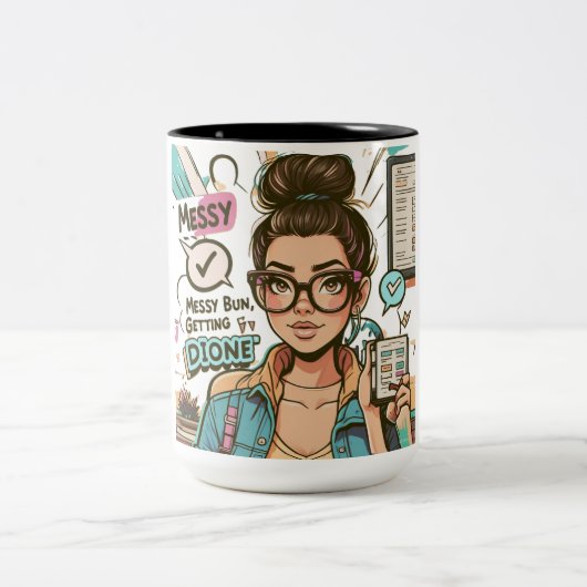 Messy Bun、物の完了を取得 – ボスBabe Cartoon ツートーンマグカップ (中央)