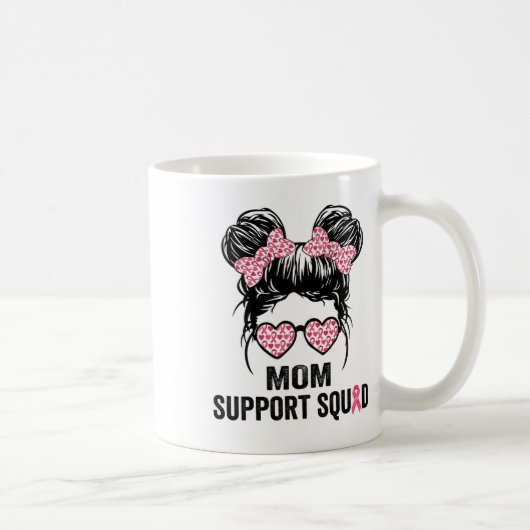 Messy Bun Gles Mom Support Squad Breast Cancer Awa コーヒーマグカップ (右)