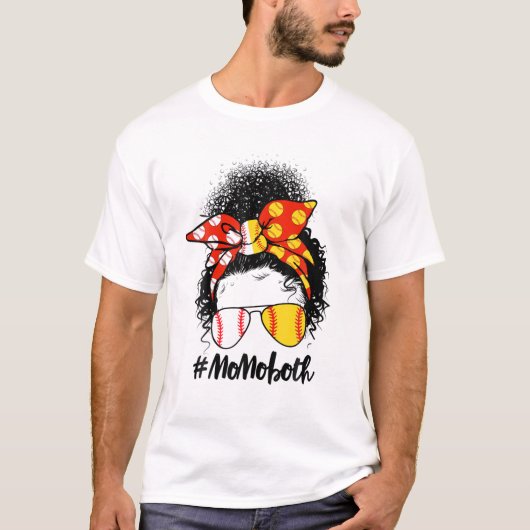 Messy Bun Hair African Afro Mom Of Both Softball B Tシャツ (正面)
